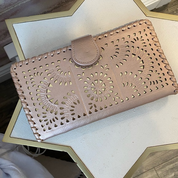 Cleobella Handbags - Cleobella Blush Pink Laser-Cut Leather Wristlet Clutch